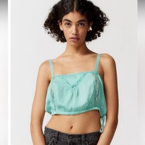 Urban Outfitters Tuli Satin Square Neck Bubble Cropped Lace Tank Top Blue Size M